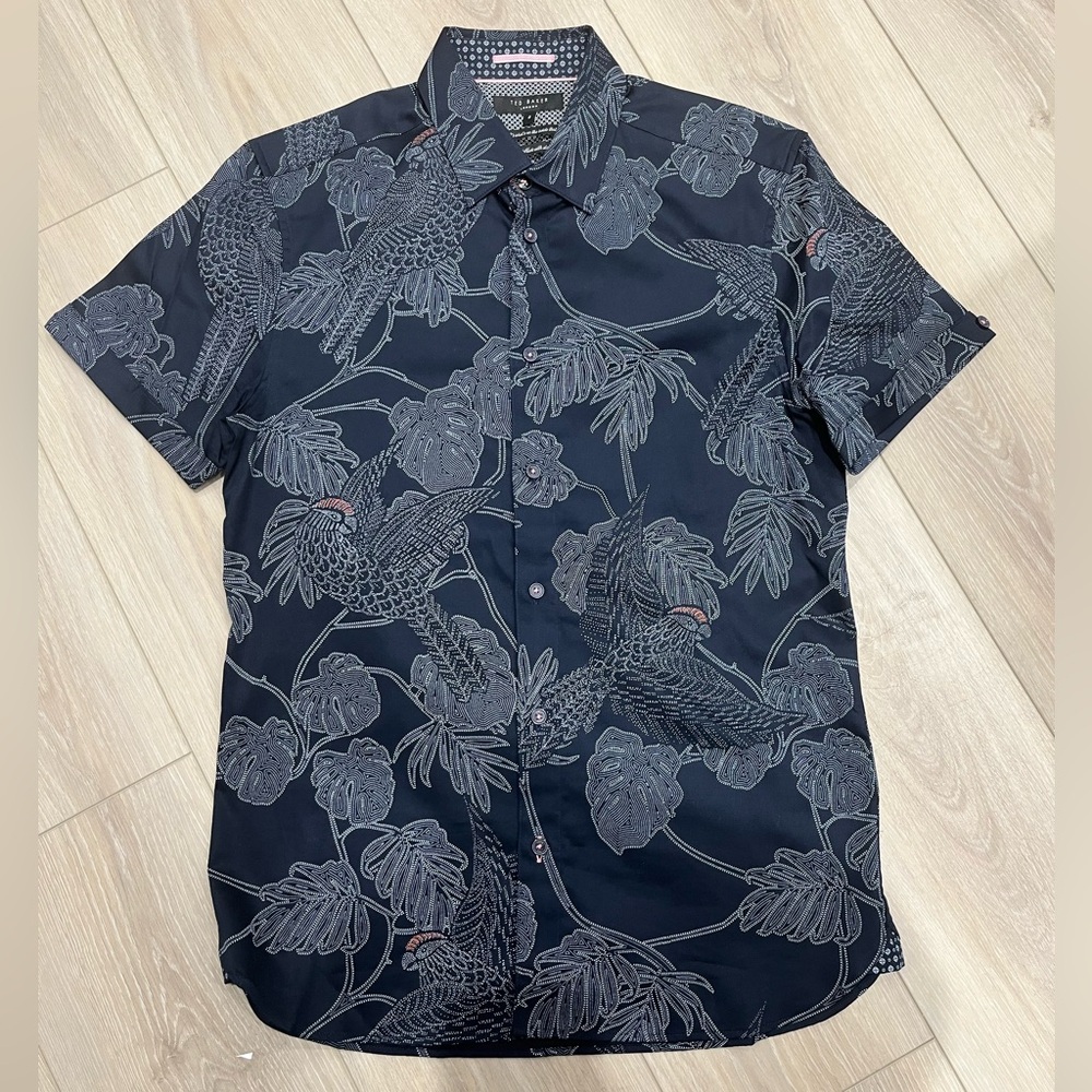 Ted Baker Navy Blue Floral Button-up Shirt - Mens EU Size 2 (XS)